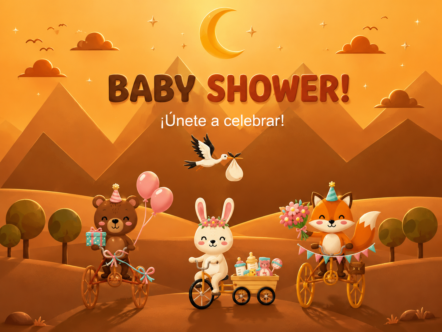 Imagen principal del Baby Shower de Gaspar con tonos calidos, montanas y personajes celebrando